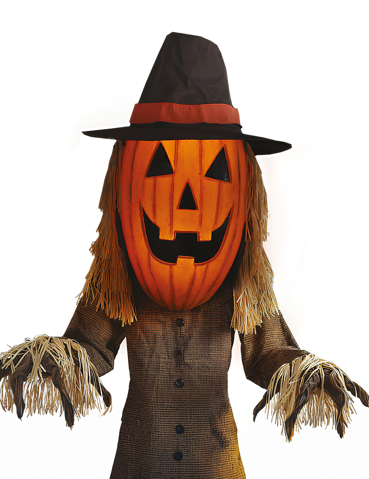 Détails de la paille sur les mains et le buste de la décoration animée Citrouille Jack O'Lantern