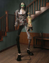 Décoration animée Clown Terrifiant avec Enfant Suspendu rayé noir et blanc avec mouvements et lumières