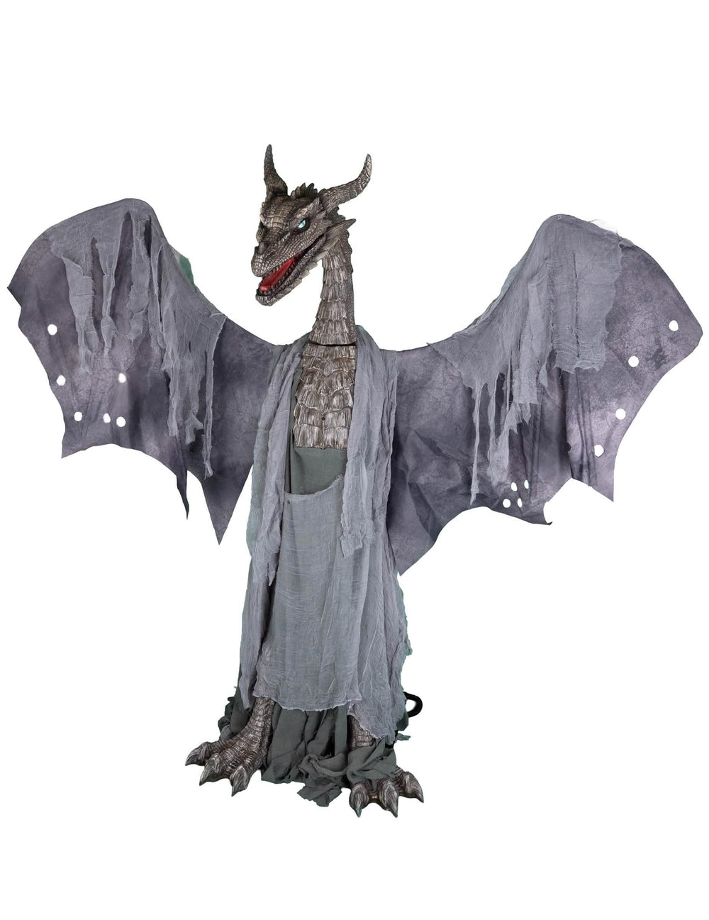 decoración animada dragón escupidor de fuego gris con alas grandes desplegadas