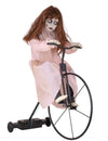 decoración animada de niña poseída en bicicleta para halloween, vestido rosa con movimiento