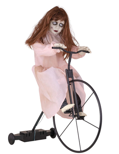 decoración animada de niña poseída en bicicleta para halloween, vestido rosa con movimiento