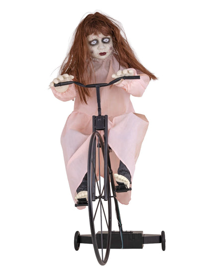 Decoración animada niña poseída en bicicleta con movimiento 72 x 30 x 94 cm