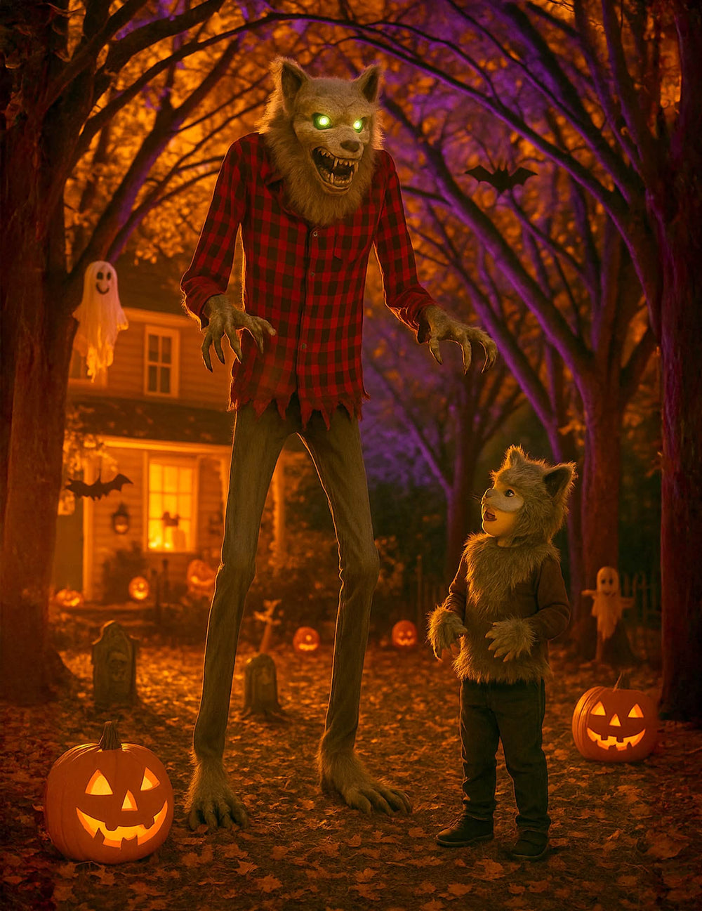 decoración animada hombre-lobo enfurecido para halloween con camisa a cuadros roja y ojos luminosos