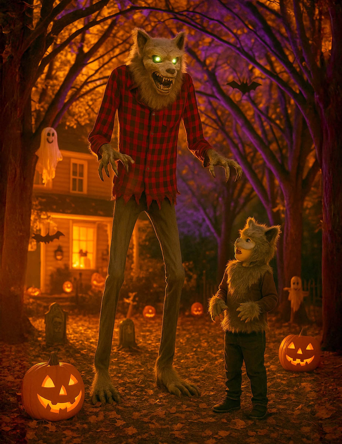 decoración animada hombre-lobo enfurecido para halloween con camisa a cuadros roja y ojos luminosos