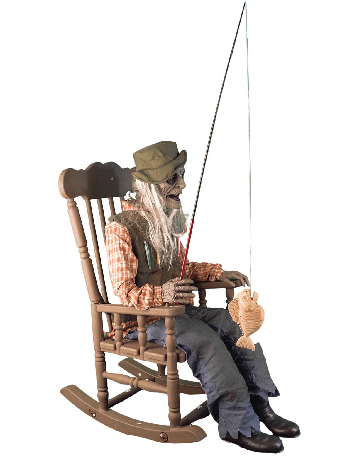 Decoración animada pescador embrujado en silla mecedora con movimiento 67 x 95 x 185 cm