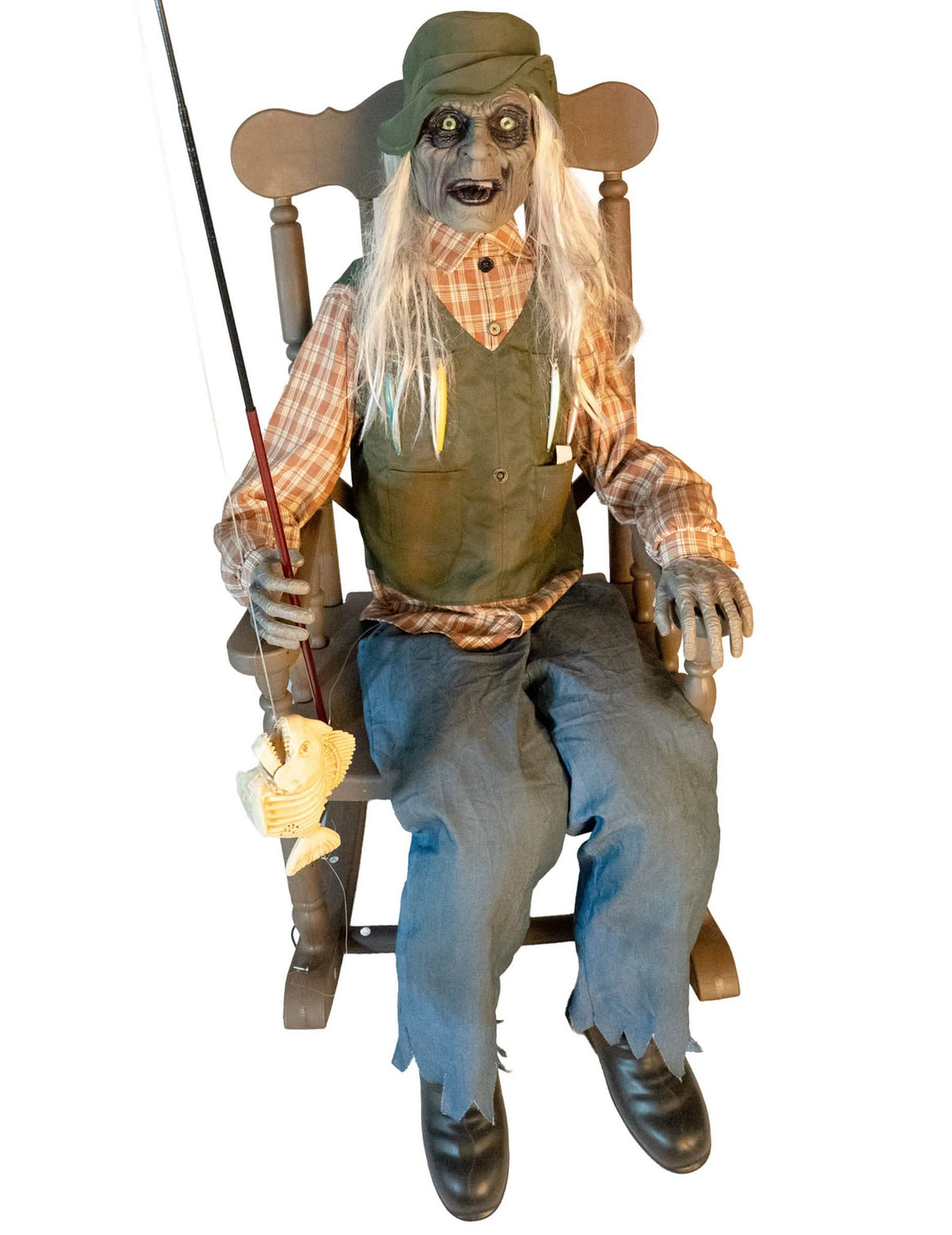 Decoración animada pescador embrujado en silla mecedora con movimiento 67 x 95 x 185 cm