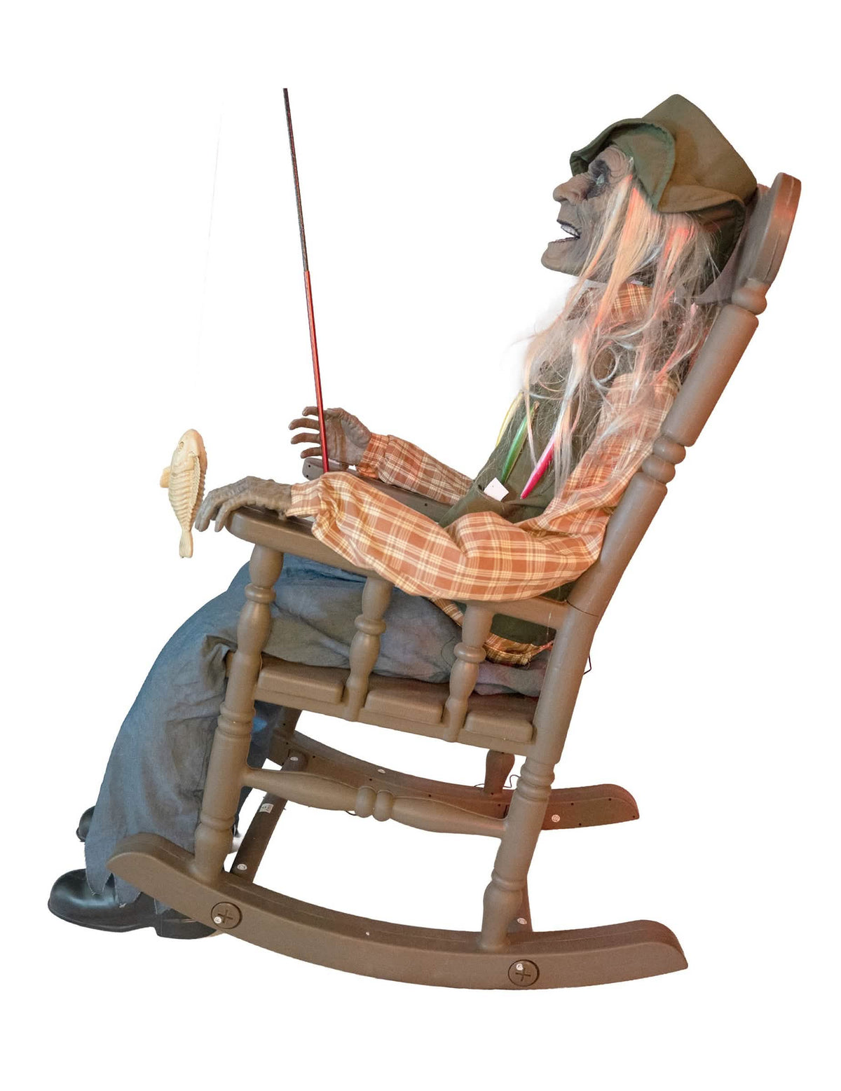 Decoración animada pescador embrujado en silla mecedora con movimiento 67 x 95 x 185 cm