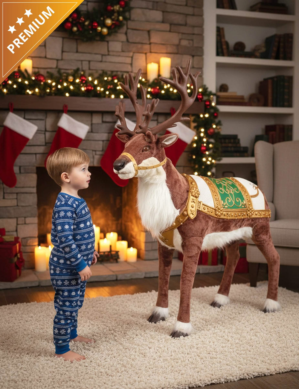 Décoration animée renne de Noël avec son et mouvement pour la maison marron avec harnais doré et selle verte