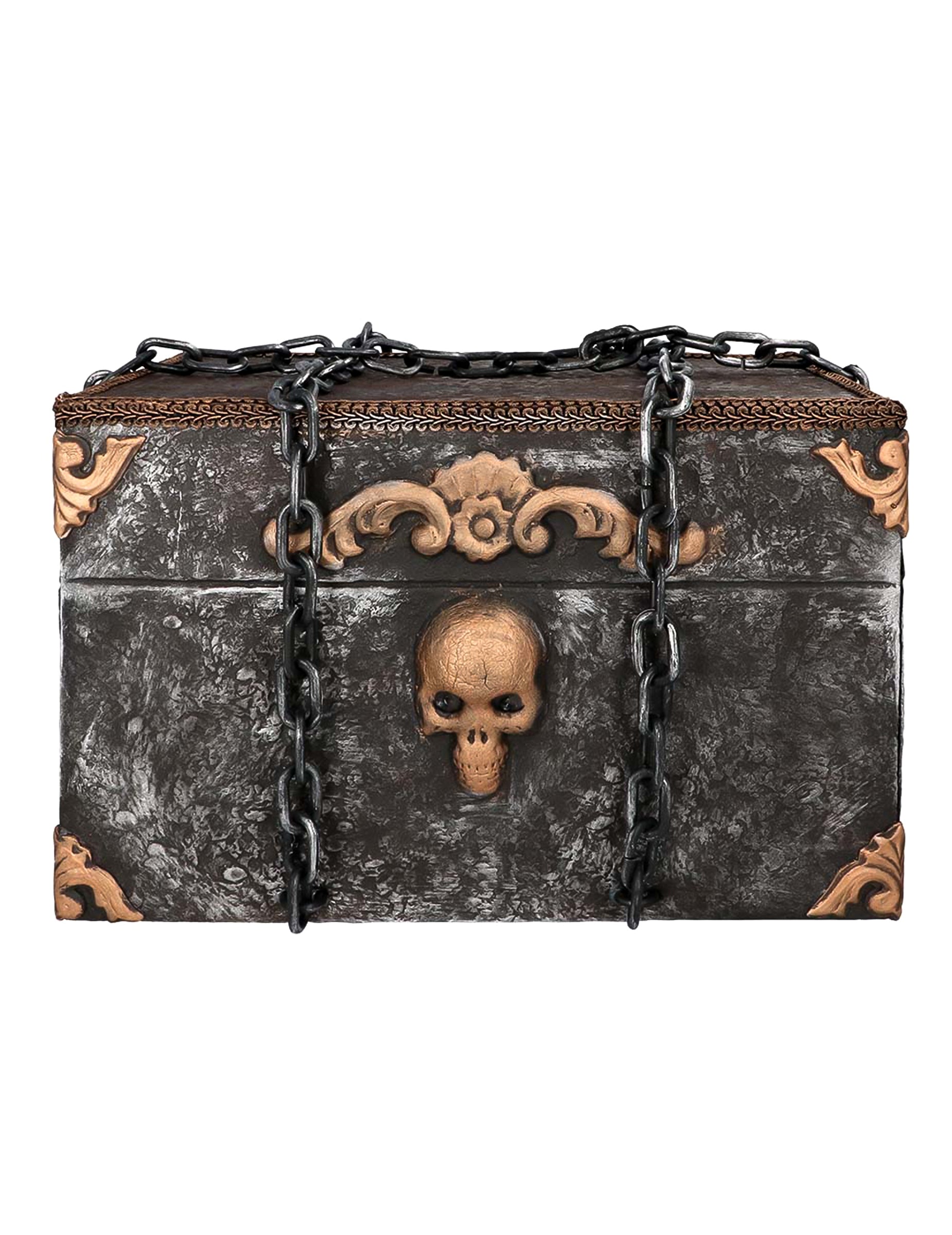 Détail du crâne doré et des chaînes de la Décoration animée sonore et lumineuse Coffre de Pirate Horreur
