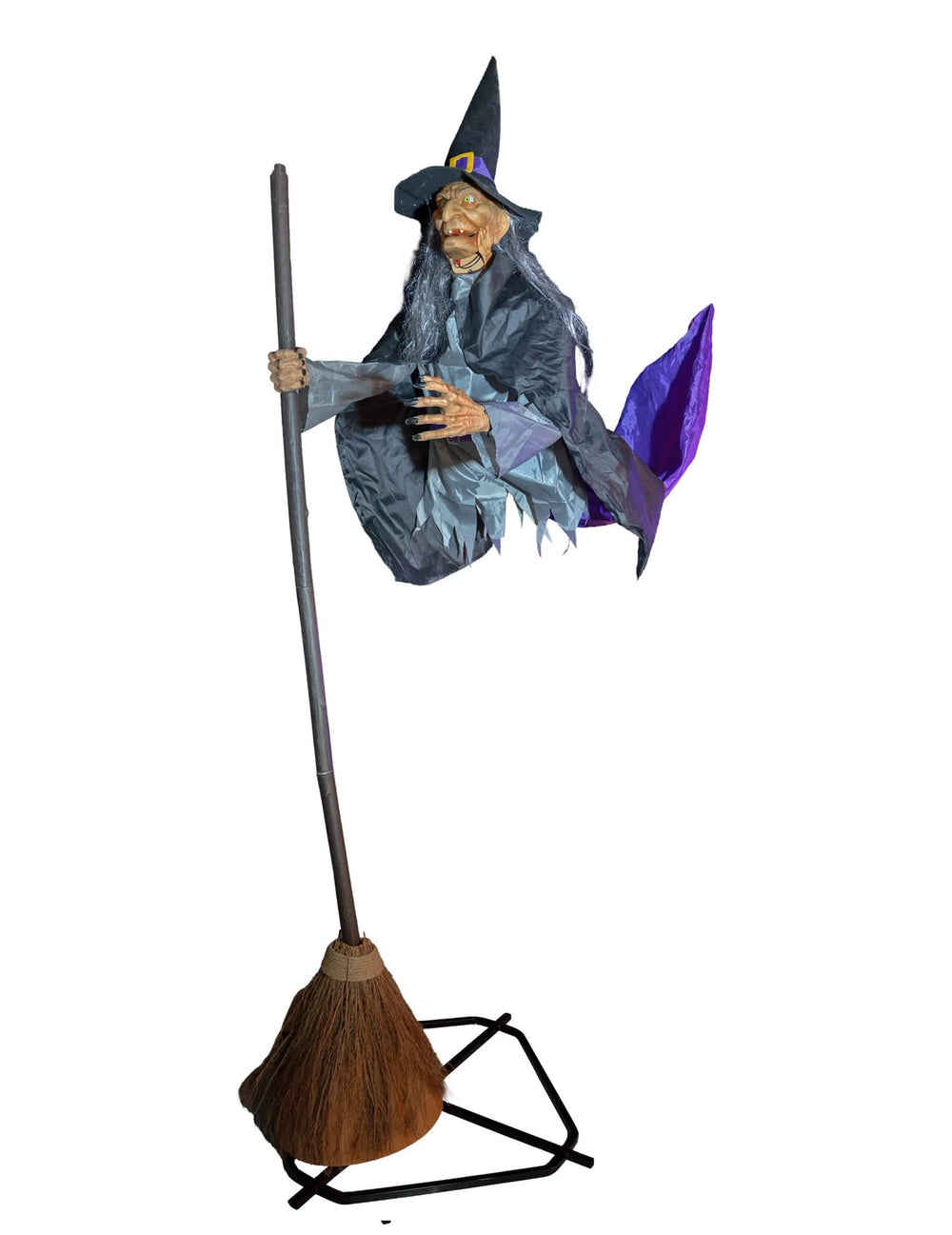 decoración animada bruja voladora para halloween negra y violeta