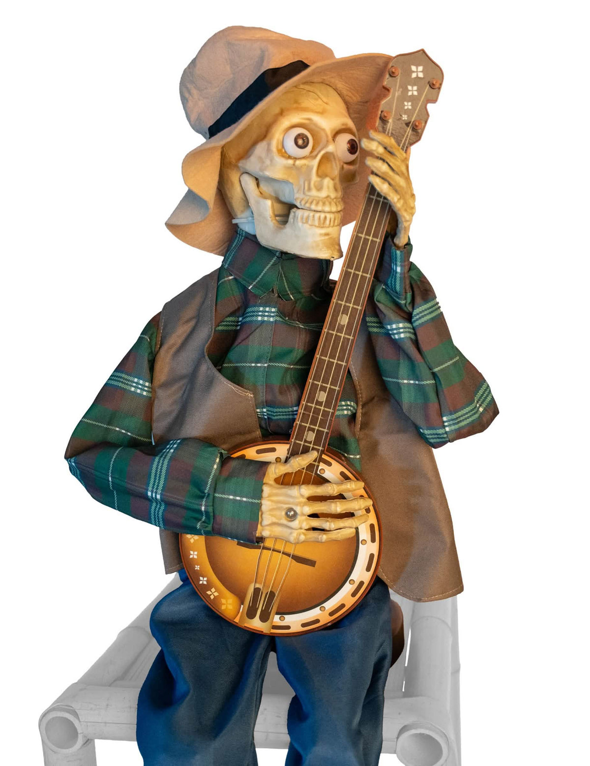 Decoración animada esqueleto músico embrujado tocando el banjo con sonidos y movimientos 31 x 27 x 98 cm