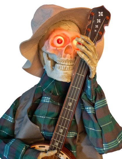 Decoración animada esqueleto músico embrujado tocando el banjo con sonidos y movimientos 31 x 27 x 98 cm