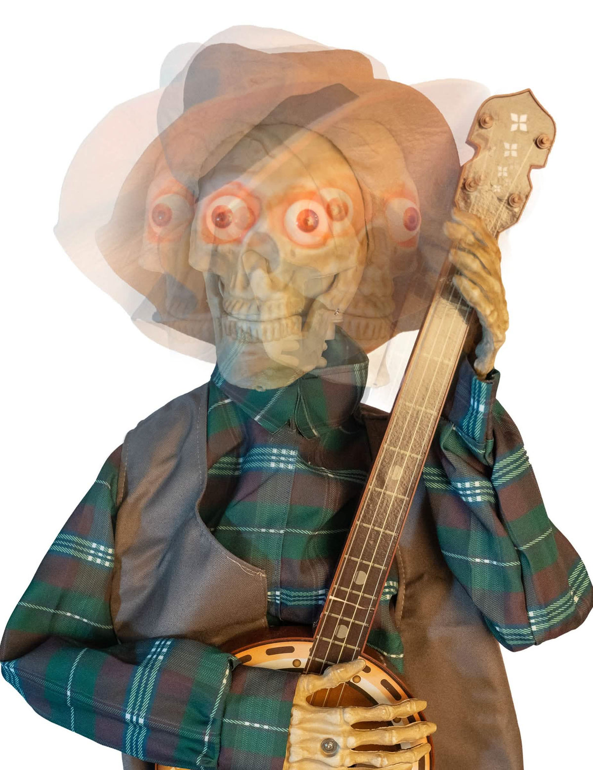 Decoración animada esqueleto músico embrujado tocando el banjo con sonidos y movimientos 31 x 27 x 98 cm