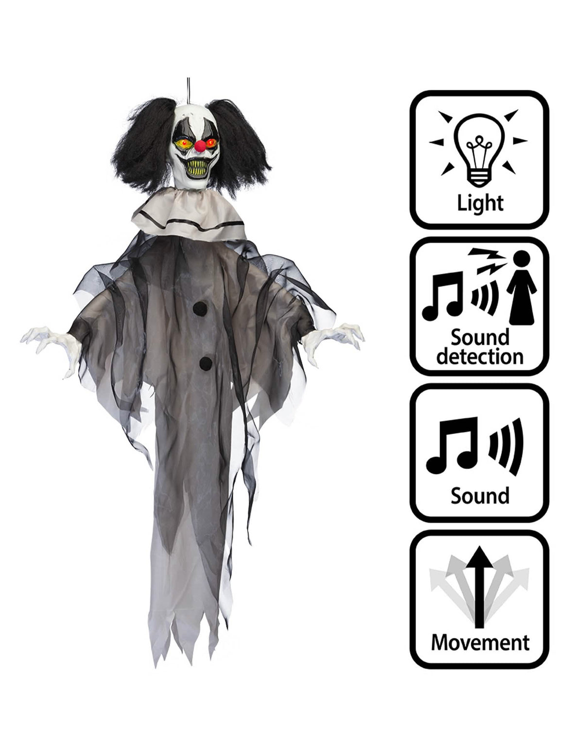 Decoración animada colgante payaso malvado con movimientos y sonidos 90 cm