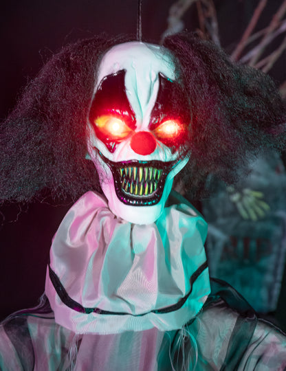 Decoración animada colgante payaso malvado con movimientos y sonidos 90 cm