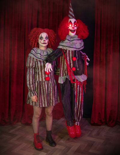 Decoración animada colgante payaso malvado con risas y movimientos 175 cm