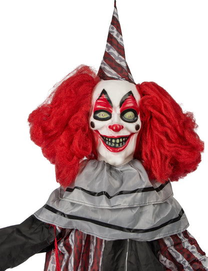 Decoración animada colgante payaso malvado con risas y movimientos 175 cm