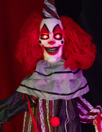 Decoración animada colgante payaso malvado con risas y movimientos 175 cm