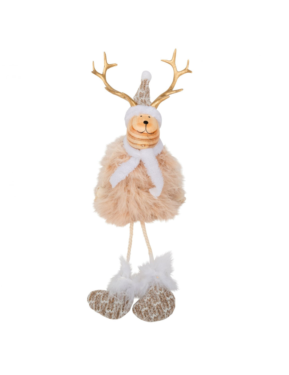 Décoration cerf en bois et fourrure beige et blanc avec bonnet et bois dorés