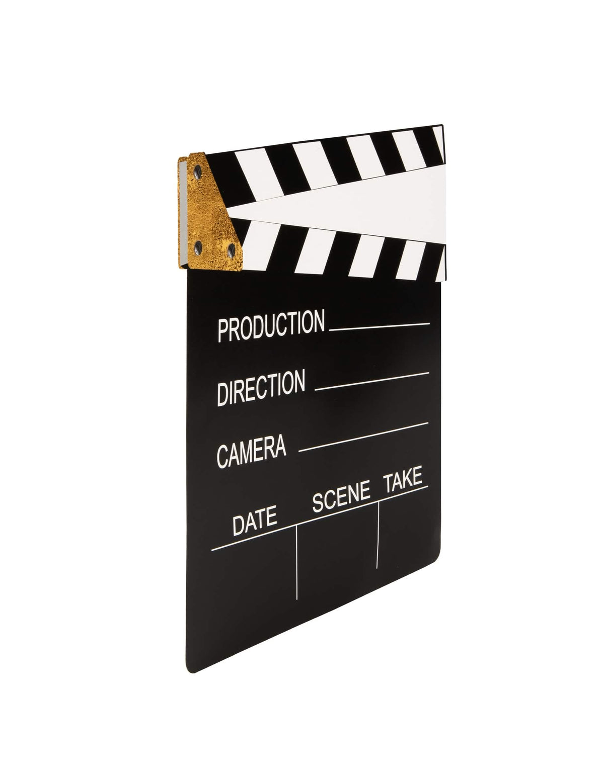 Vue de profil de la décoration clap de cinéma noir et blanc en carton personnalisable