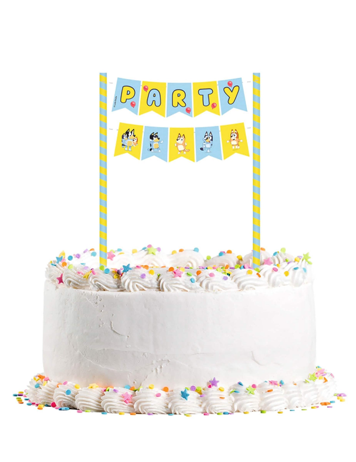 Décoration de gâteau Bluey pour enfant bleue et jaune avec fanions Party