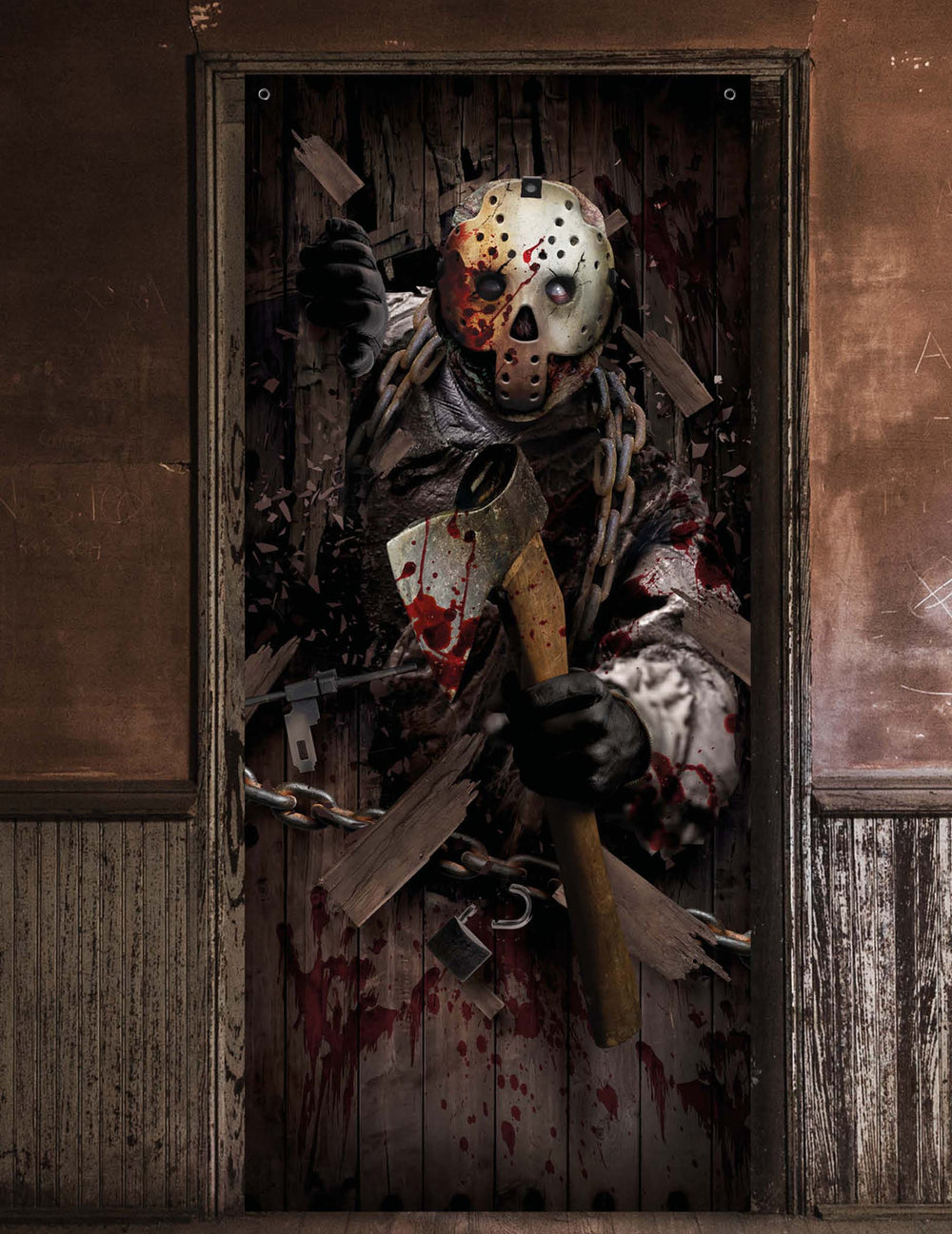 Décoration de porte assassin à la hâche marron et ensanglantée avec masque de hockey