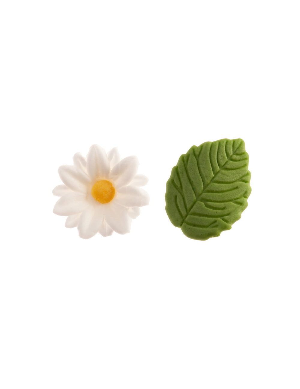 Décorations en sucre marguerites et feuilles blanches et vertes