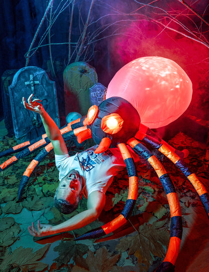 Décoration araignée gonflable pour Halloween noire et orange lumineuse