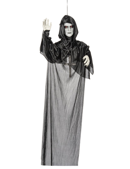 Décoration lumineuse moine suspendu pour Halloween noire et grise aux yeux rouges