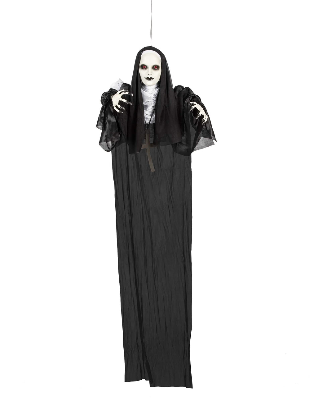 Décoration lumineuse nonne suspendue noire et blanche aux yeux rouges