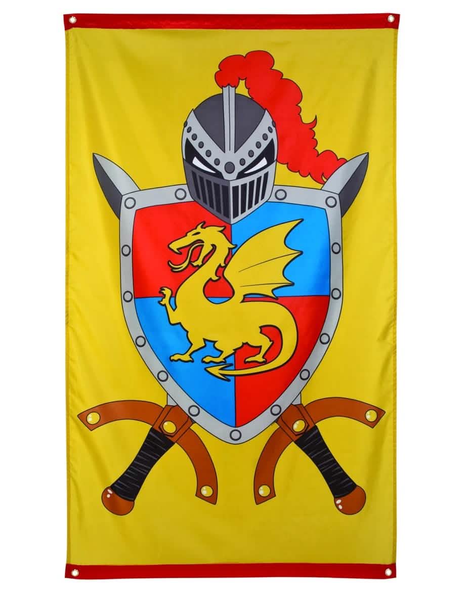 Decoración mural caballero amarillo con escudo de dragón y espadas
