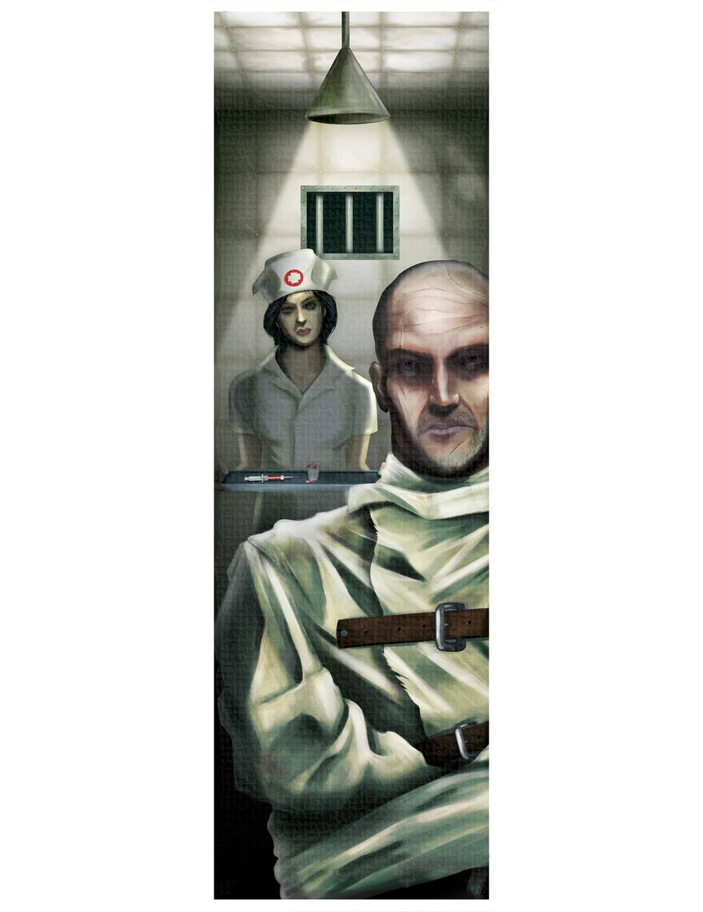 Decoración mural de enfermera Zombie para halloween con paciente en camisa de fuerza