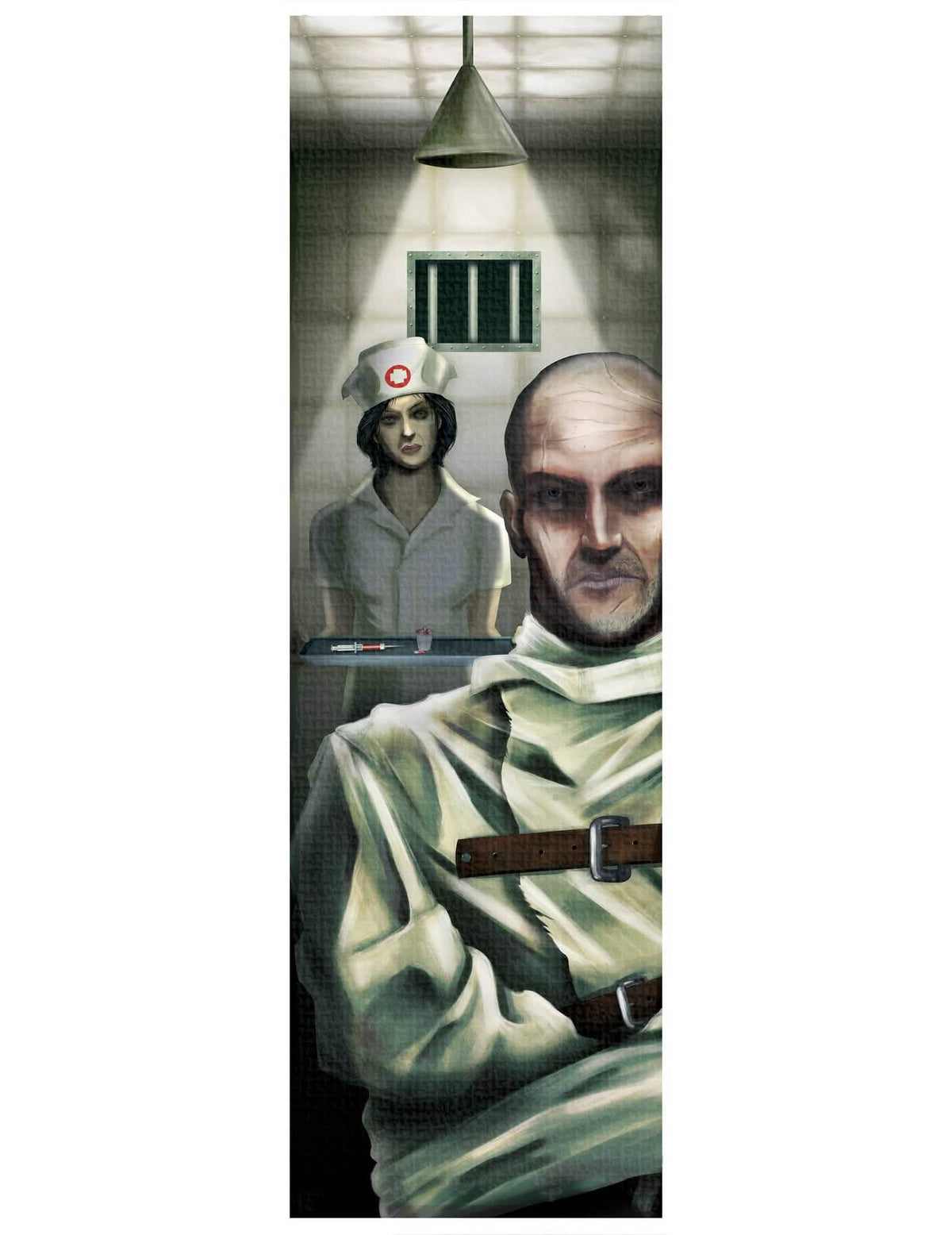 Decoración mural de enfermera Zombie para halloween con paciente en camisa de fuerza