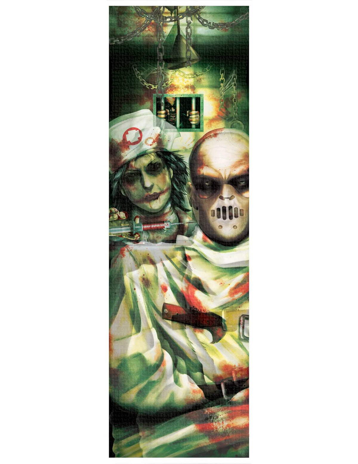 Detalle de la enfermera y del paciente enmascarado de la decoración mural de enfermera Zombie