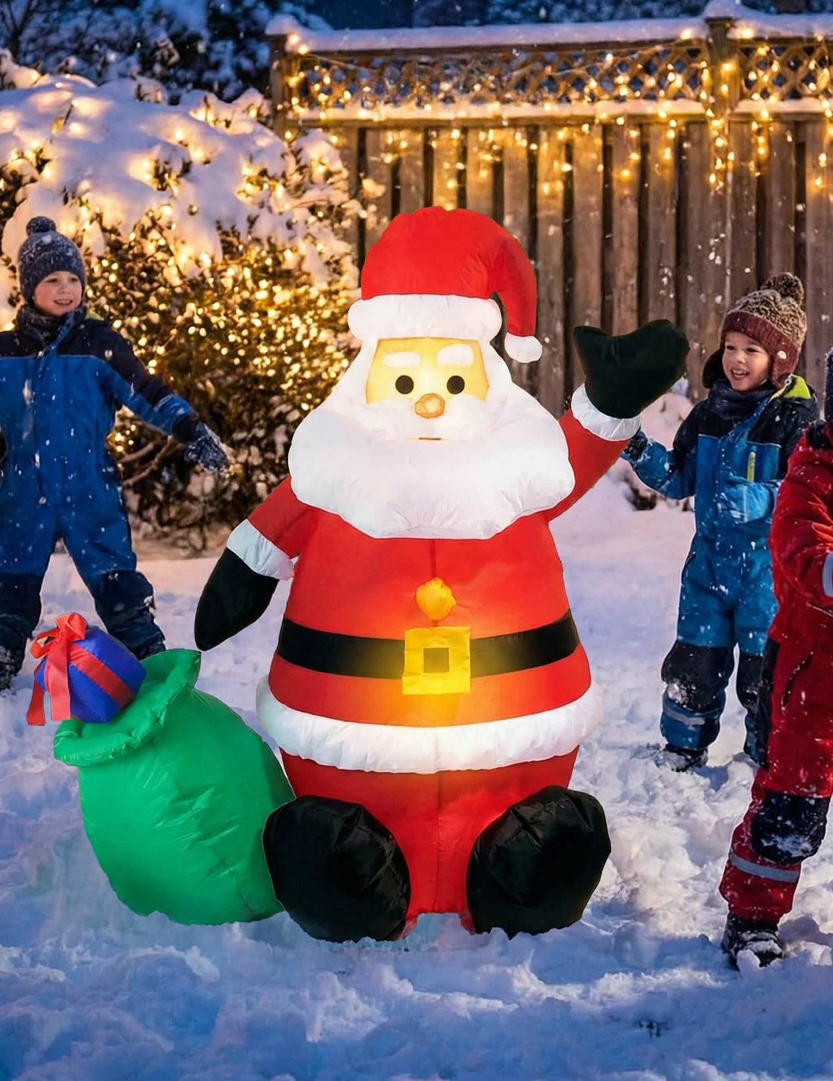 Decoración papá noel carry me y luminosa para exterior rojo y blanco con saco verde