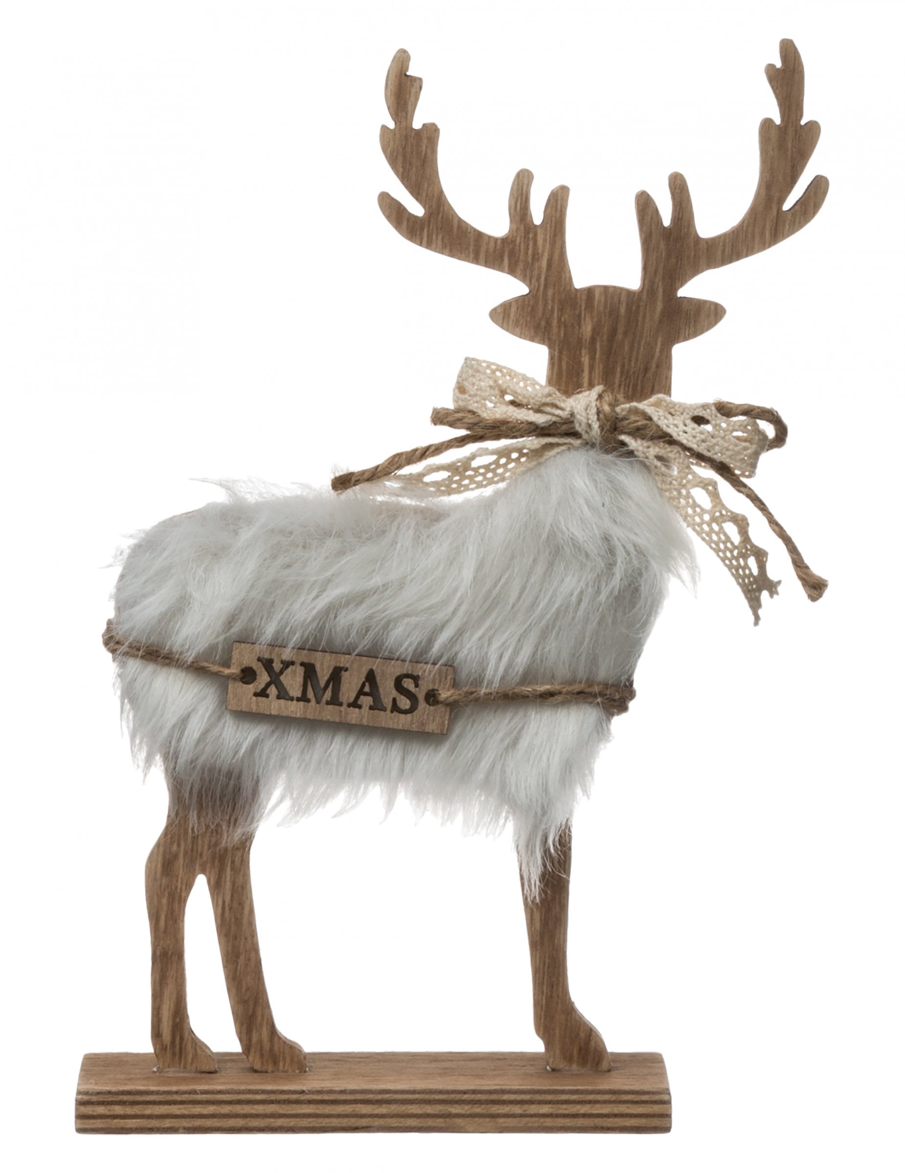 Décoration de renne pour Noël en bois avec fourrure polaire grise