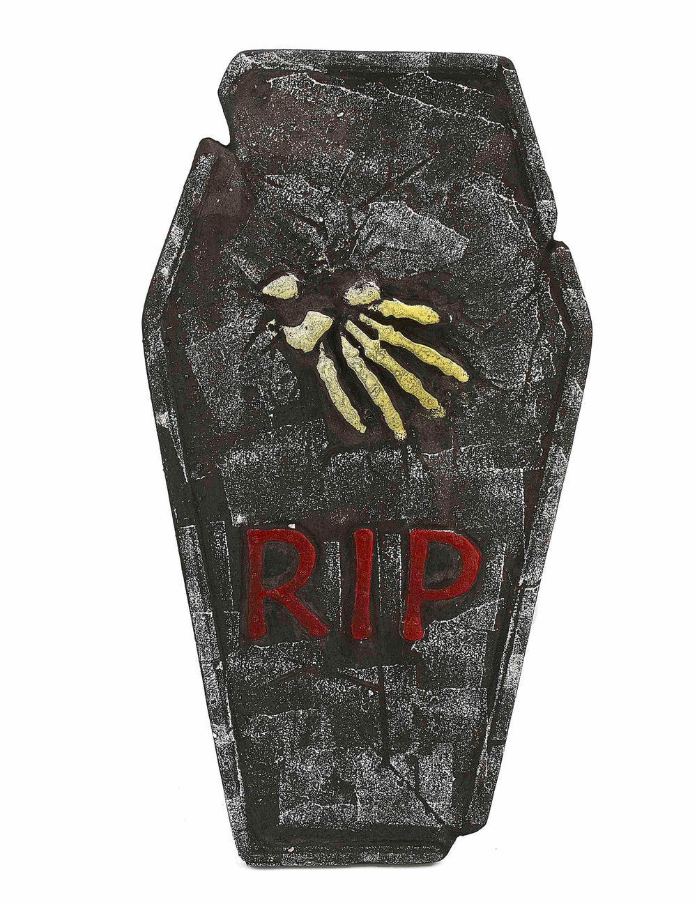Decoración de lápida de halloween gris con inscripción RIP rojo y mano de esqueleto