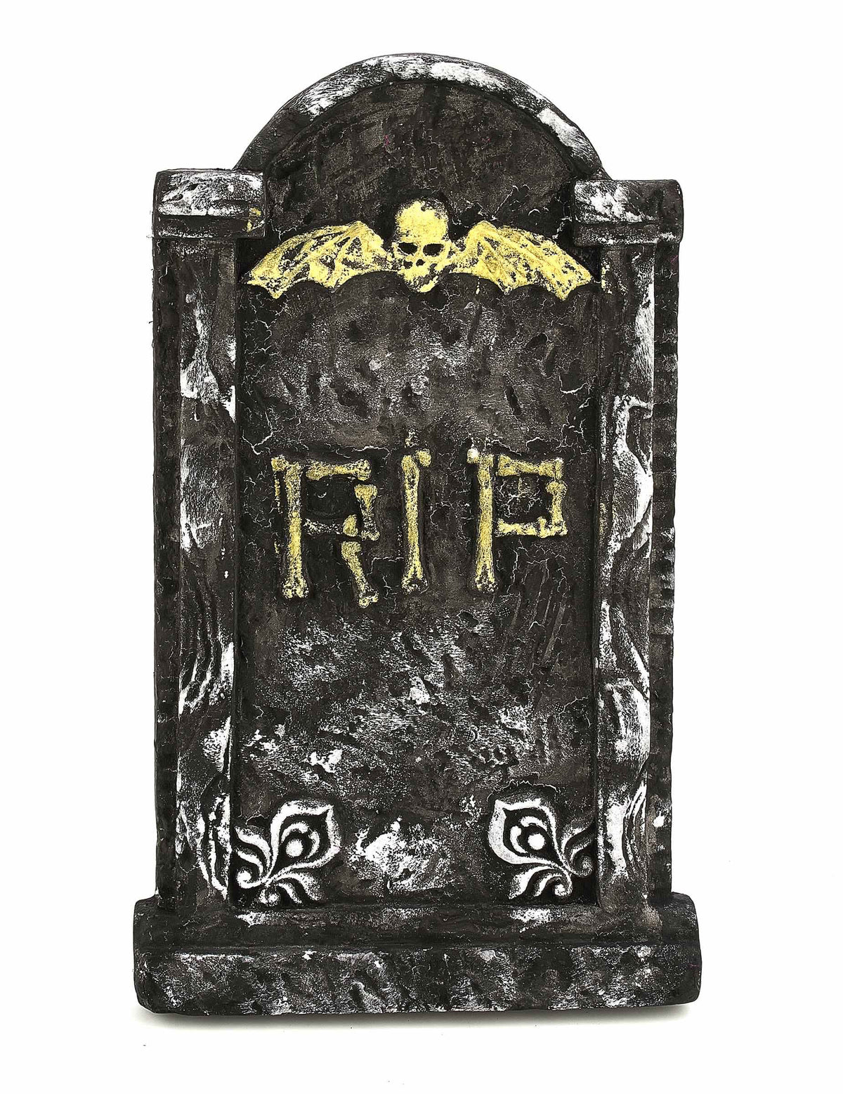 Décoration pierre tombale Halloween grise et dorée avec crâne ailé et inscription RIP