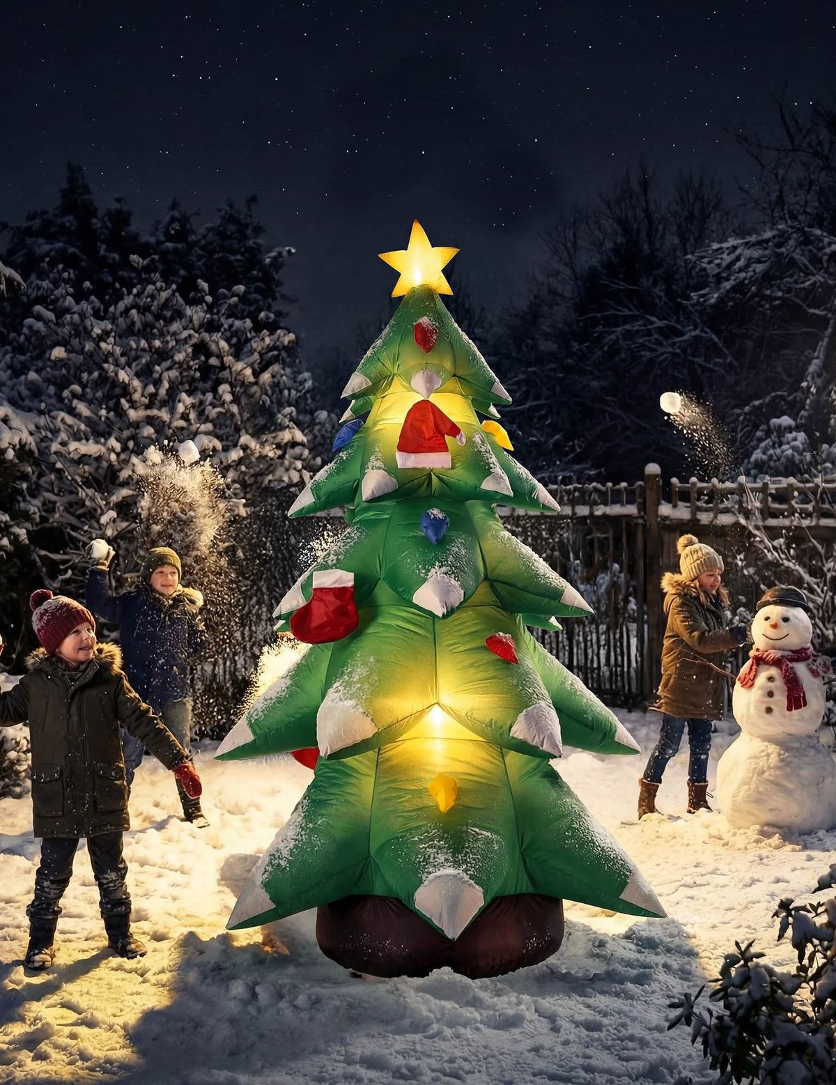 Décoration de árbol de navidad carry me y luminosa verde con estrella amarilla y gorros rojos