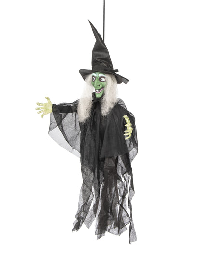 Vue de profil de la décoration sorcière animée lumineuse et parlante pour Halloween