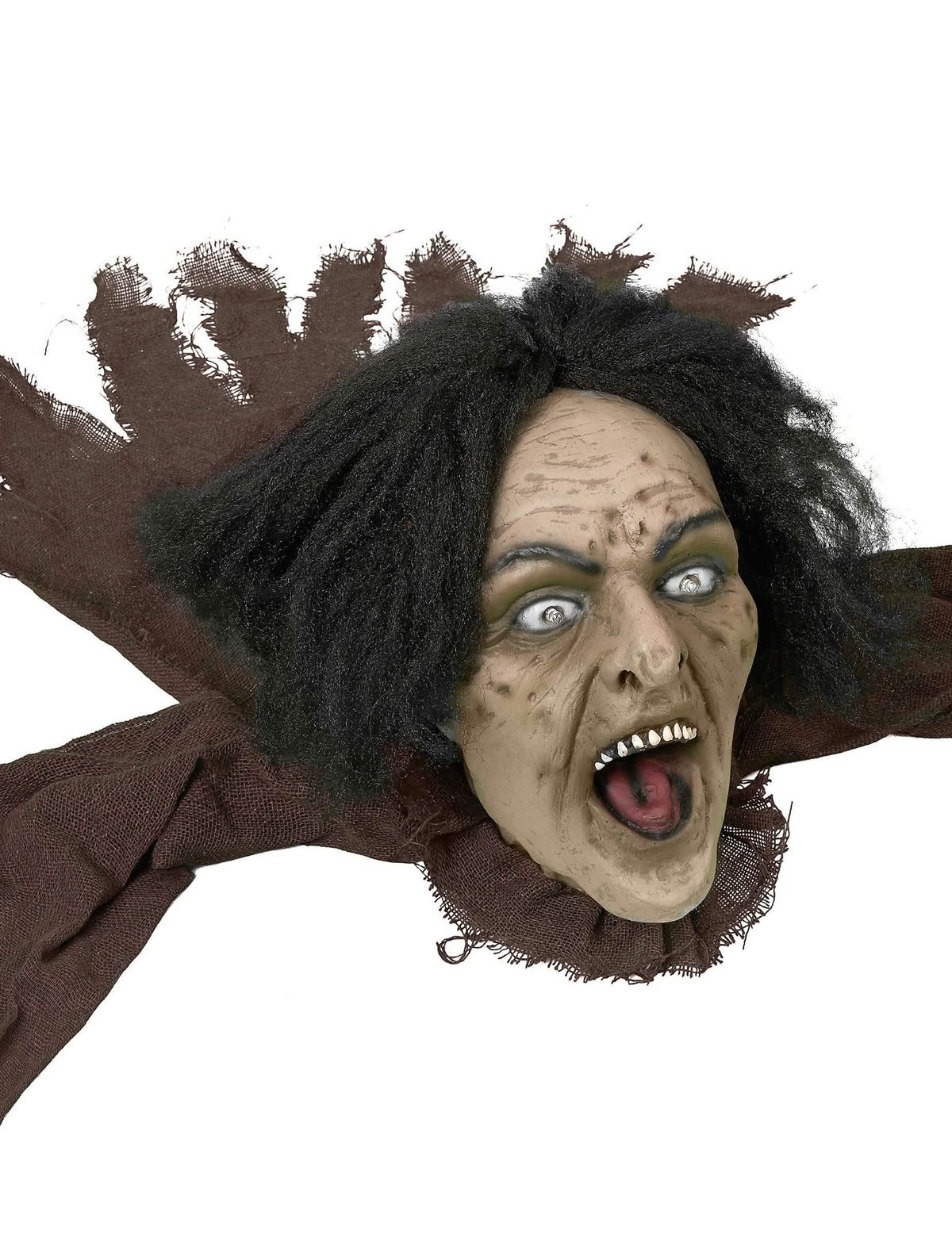 Primer plano del rostro aterrador de la decoración de bruja sonora y luminosa para halloween
