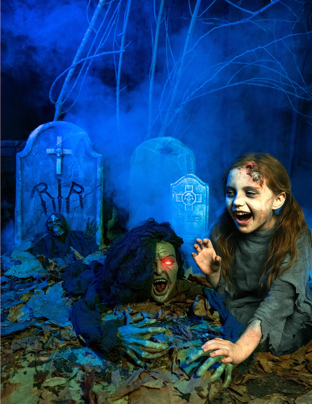 Decoración de bruja sonora y luminosa para halloween verde con ojos rojos