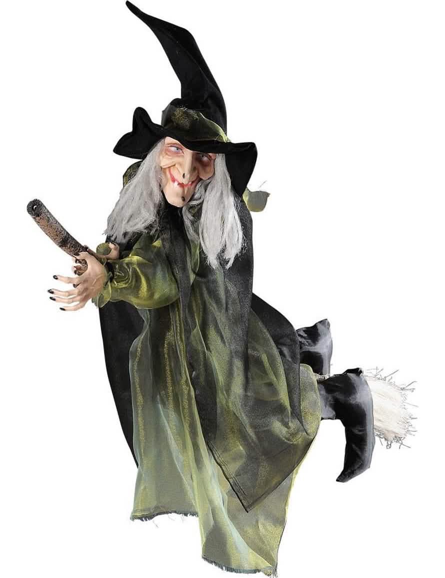 Decoración de bruja voladora sobre escoba para halloween negra y verde