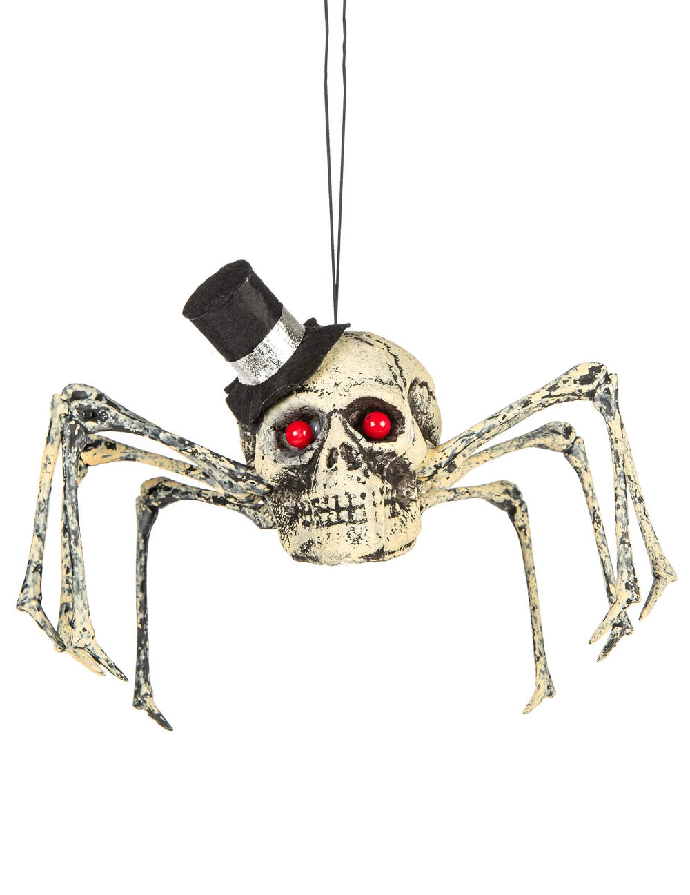 Decoración de esqueleto de araña para halloween beige con sombrero de copa y ojos rojos