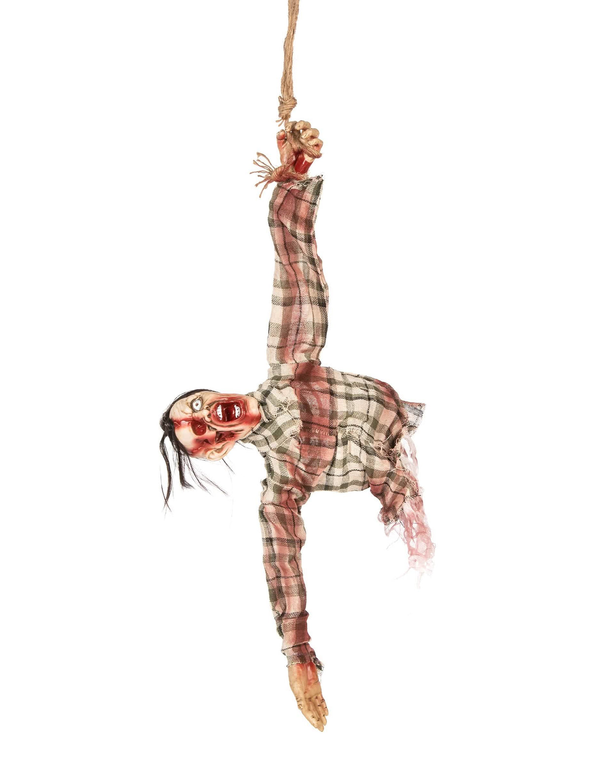 Decoración de torso de zombie para halloween suspendida con camisa de cuadros ensangrentada