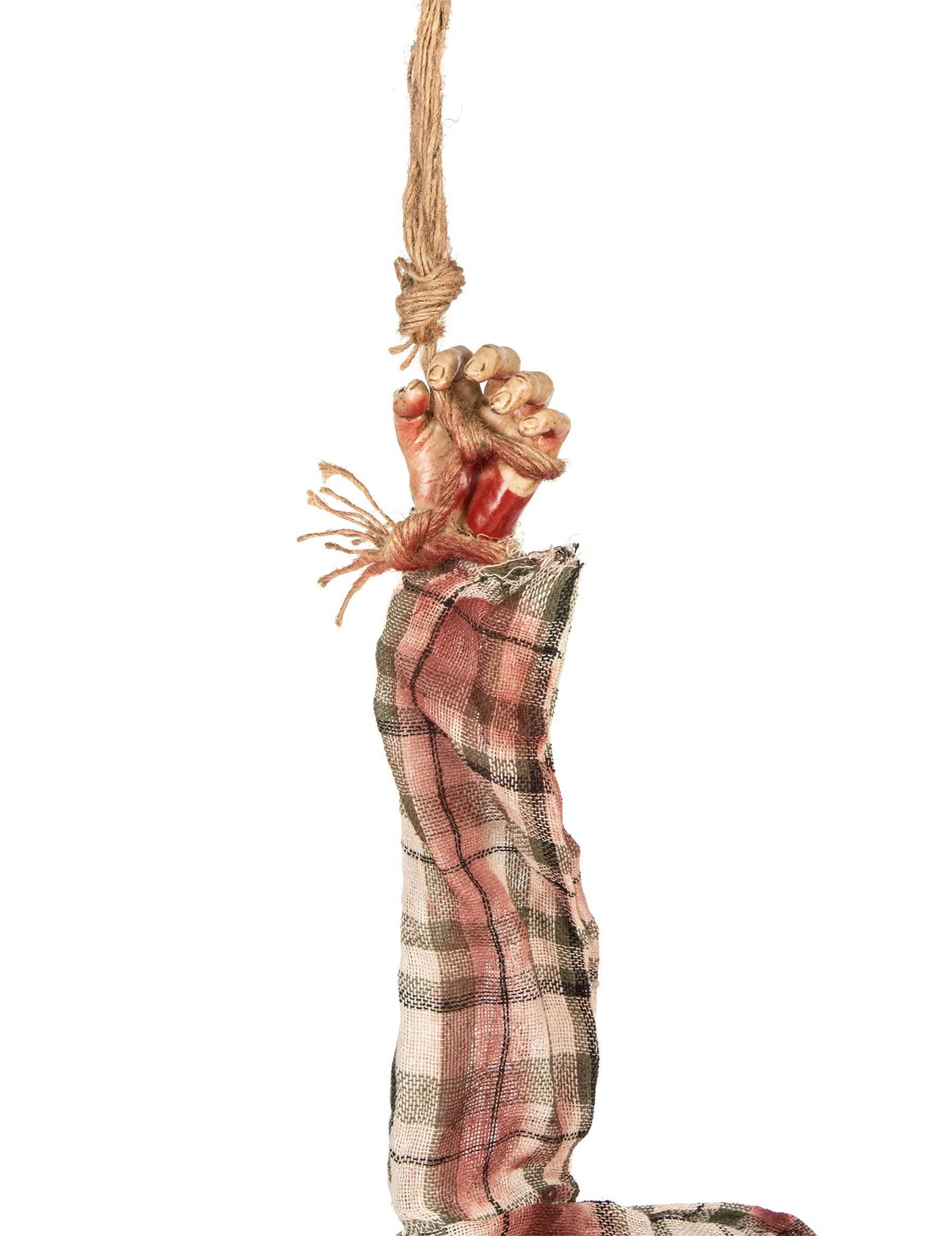 Detalle de la mano suspendida por una cuerda de la decoración de torso de zombie para halloween
