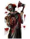 Autocollant clown ensanglanté pour Halloween avec hache et tête coupée