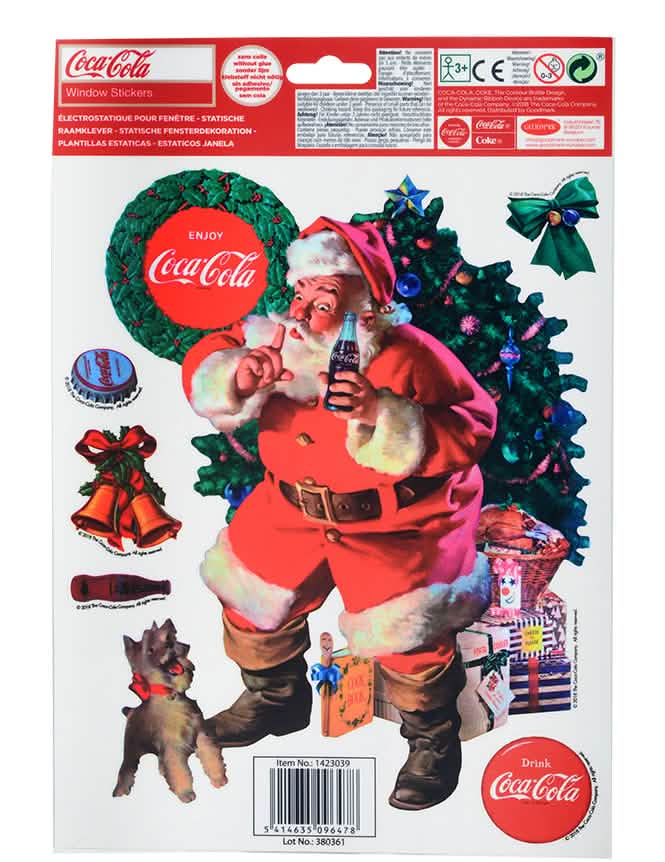 Detalle de los adhesivos de la decoración para ventanas Coca-Cola papá noel