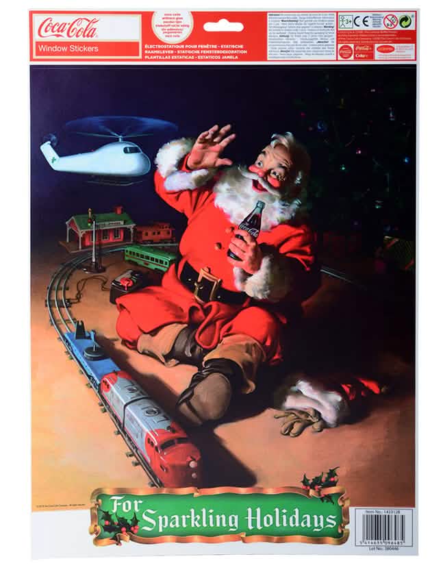 Détail du visuel du Père Noël au train électrique du décorations pour fenêtres Coca-Cola™ et Père Noël