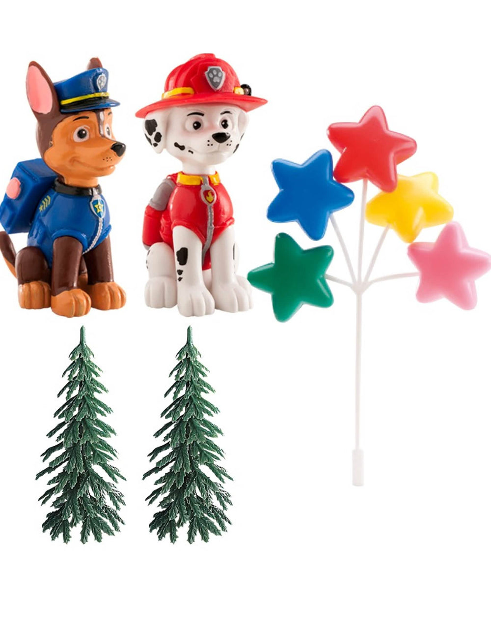decoración para tartas Pat'Patrouille para niño figurines Chase et Marcus avec sapins et bouquet d'étoiles